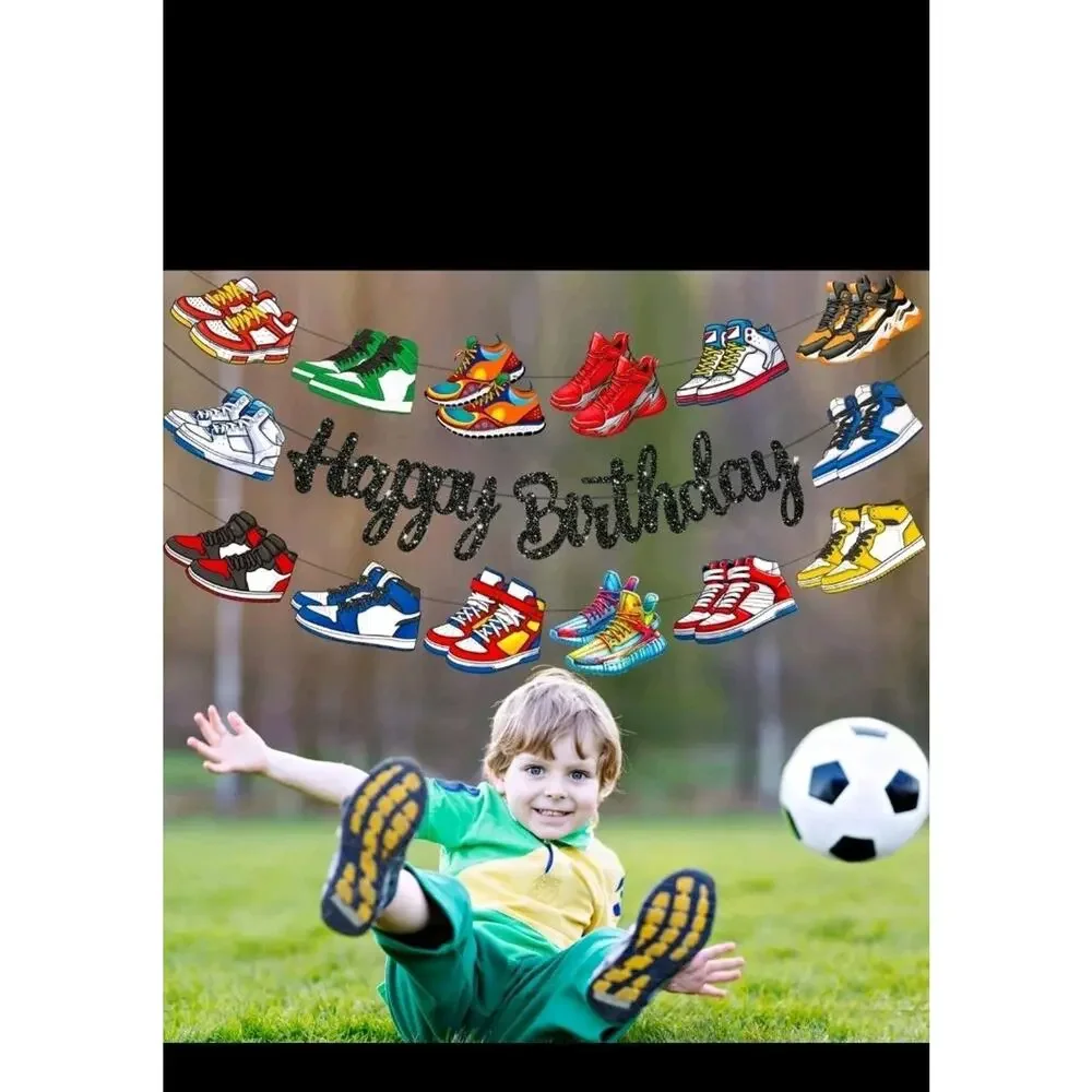 Glitter Black Sneaker Happy Birthday Banners 3Pcs Sports Shoes Theme Party De...